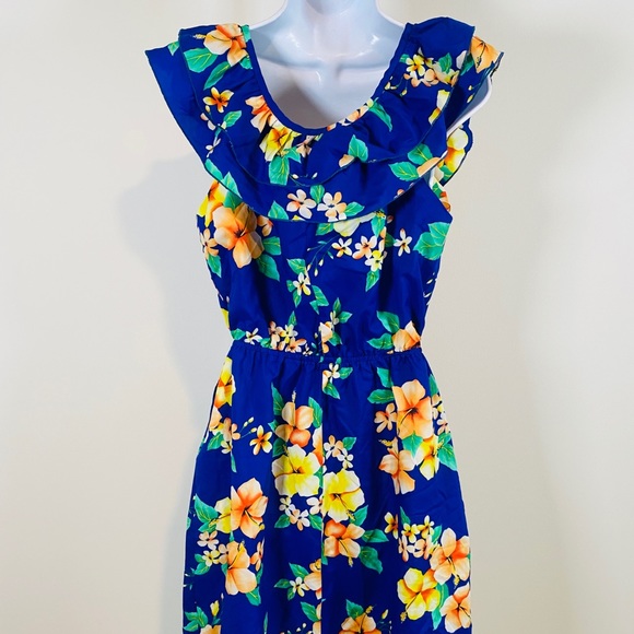 Vintage Blue Hawaiian Print Ruffle Wrap Dress Made in Hawaii Size L - Picture 8 of 11